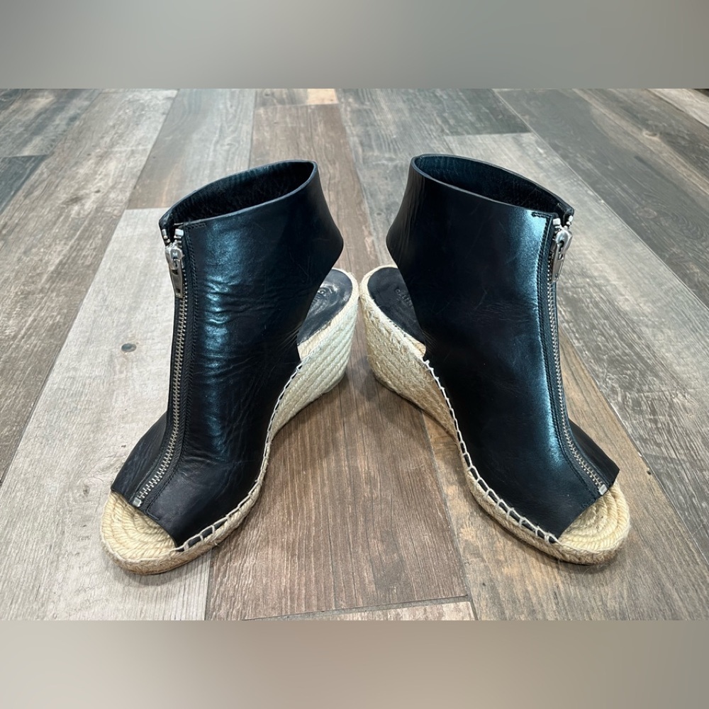 Celine Phoebe Philo Women's Espadrille Black Leather Jute Zip Wedge Heel Sz 5/35